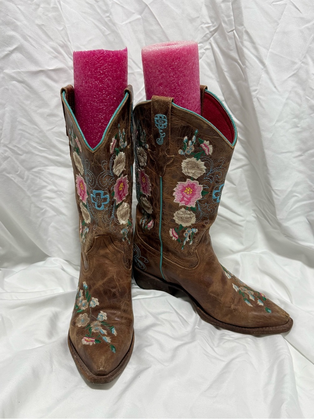 Macie Bean Brown Western Embroidered Floral Heeled Boots with Pink Accents